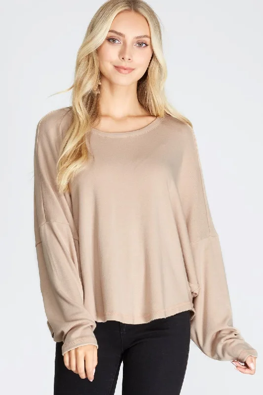 TAUPE BATWING LONG SLEEVES BACK NECK STRAP DETAIL KNIT TOP S8SS7759