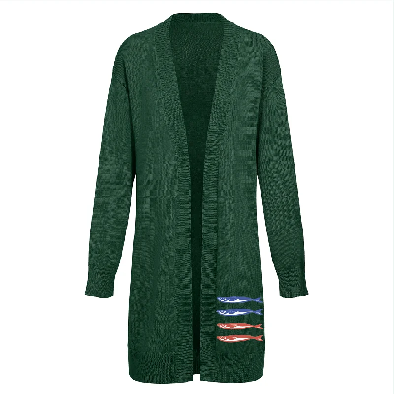 Women's green jacquard knitted long sweater coat