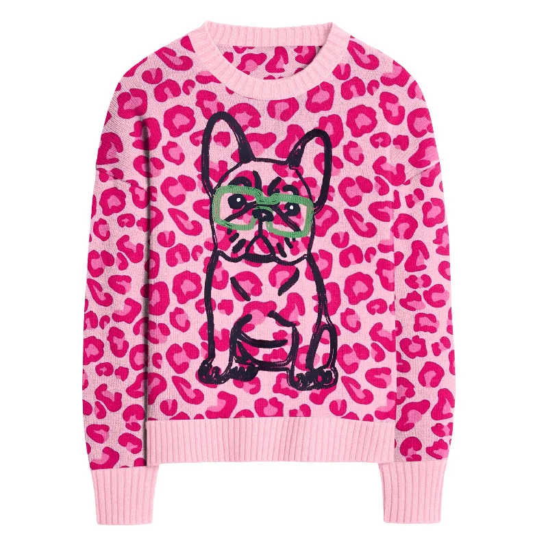 Women's pink leopard print French bulldog sweater