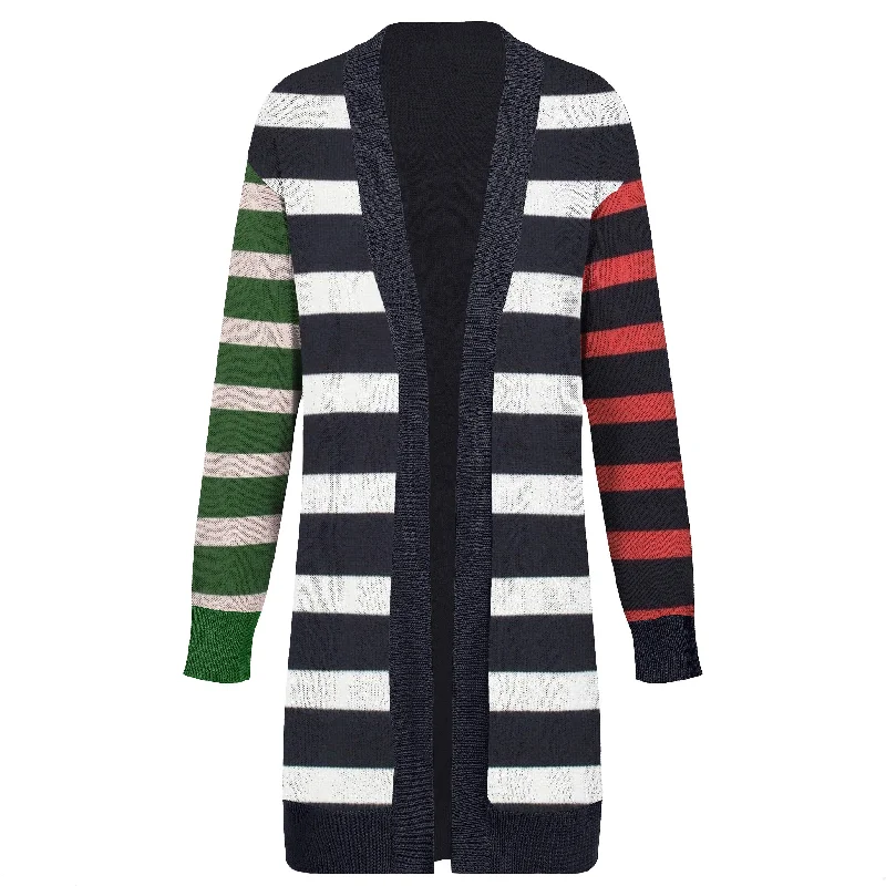 Women's striped color-matching long sweater coat