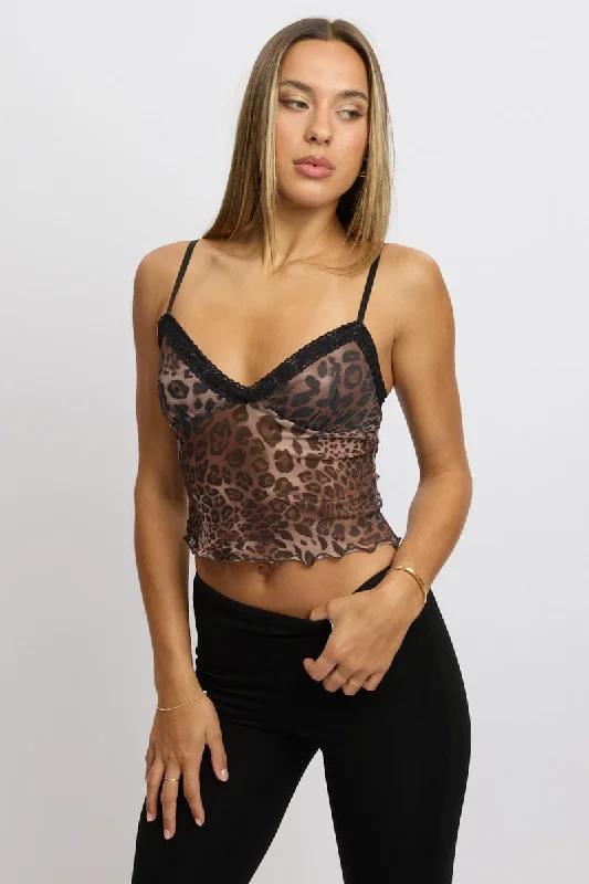 Brown Animal Print Singlet Top Mesh