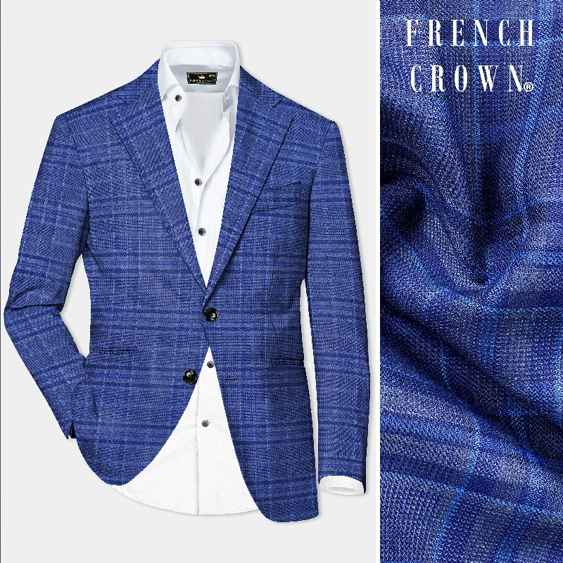 Chambray Blue Plaid Wool Rich Single Breasted Blazer