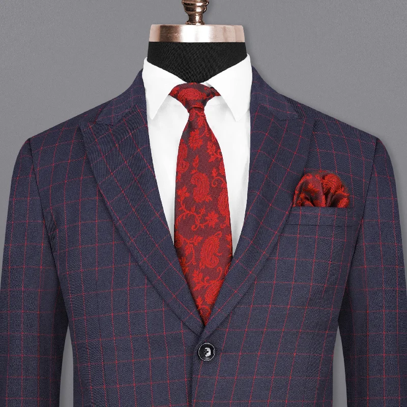 Charcoal Navy Blue Windowpane Single Breasted Blazer