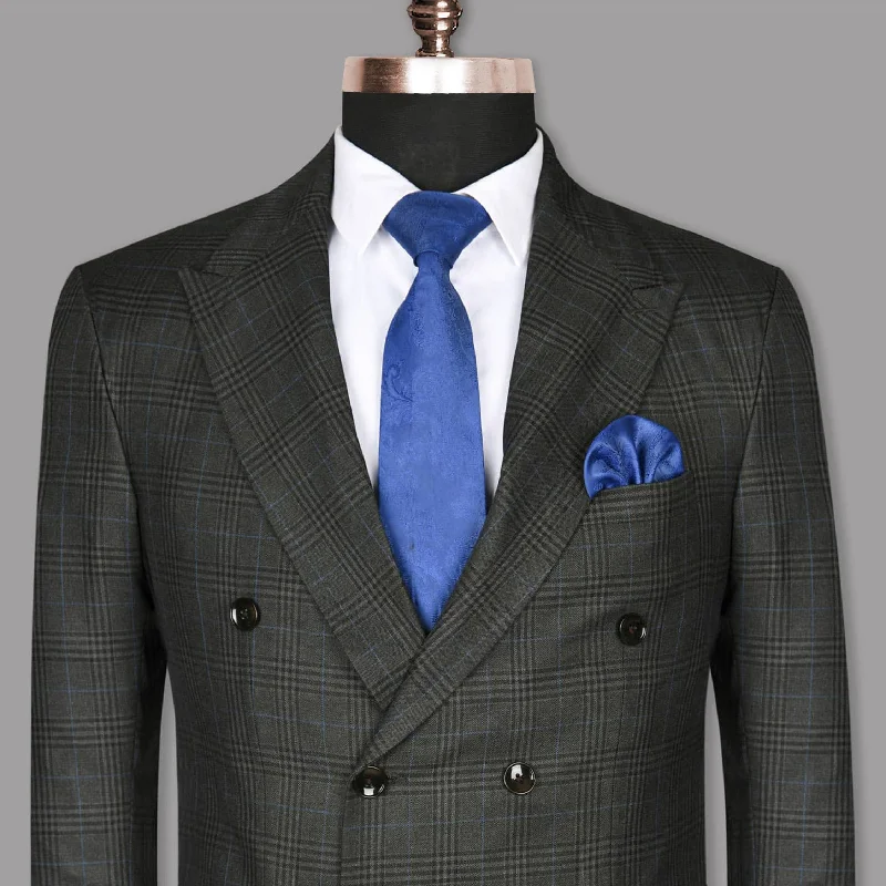 Charcoal Plaid Wool Blend Double Breasted Blazer