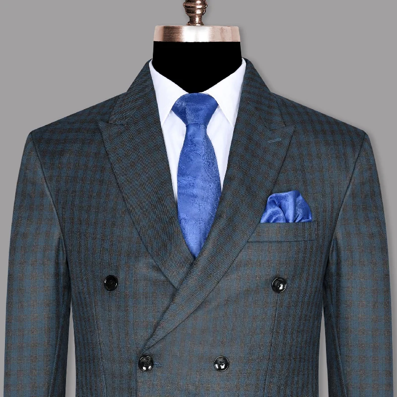 Charcoal with Sapphire Blue Checked Wool Blend Double Breasted Blazer