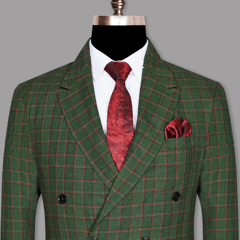 Hunter Green Windowpane Luxurious Linen Double Breasted Blazer