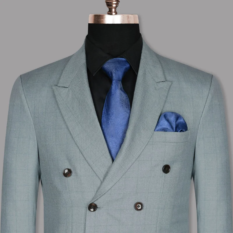 Light Grey Subtle Windowpane Wool Rich Double Breasted Blazer