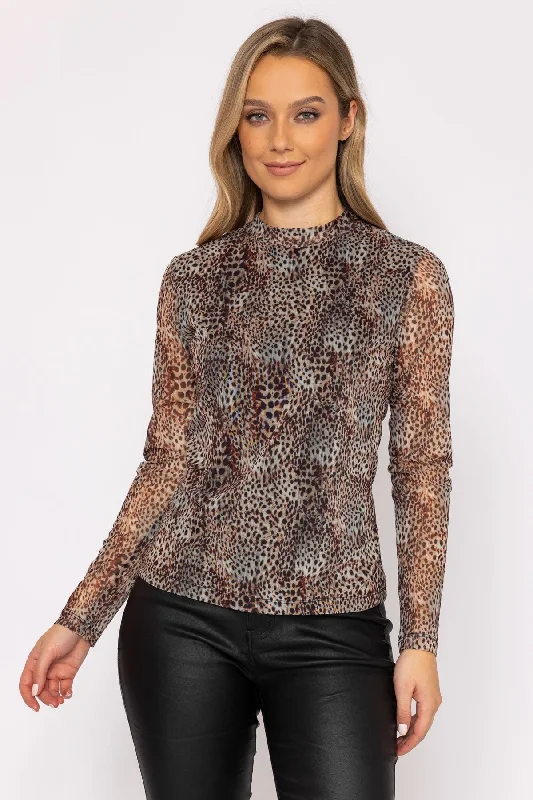 Mesh High Neck Top in Animal Print