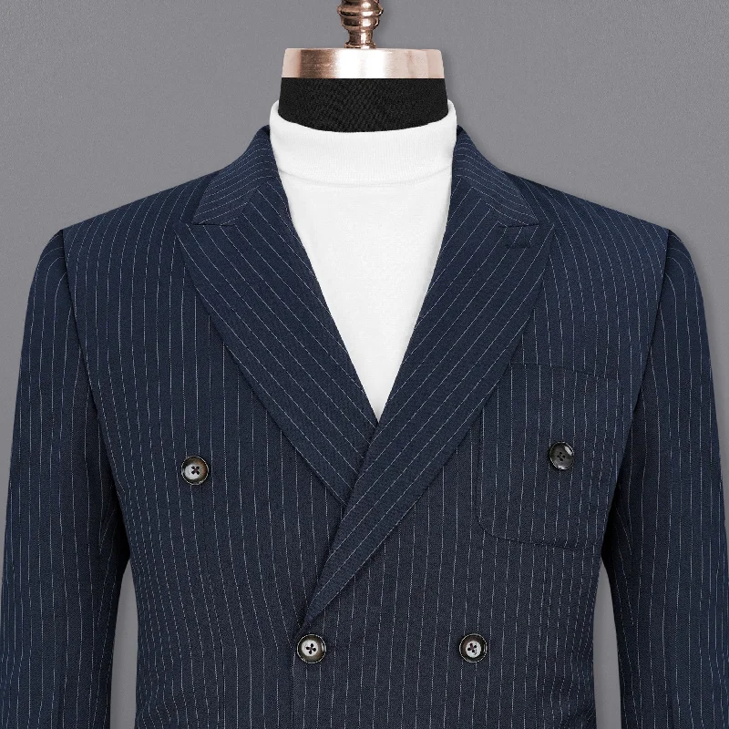 Midnight Mirage Navy Blue Striped Double-Breasted Blazer