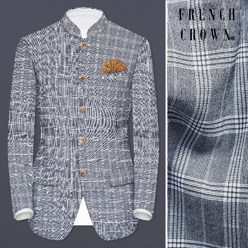 Mountain Mist Blue Plaid Wool Rich Bandhgala Blazer