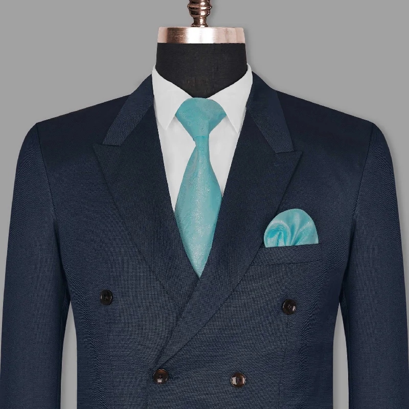 Navy Diamond Textured Wool Rich Double Breasted Blazer