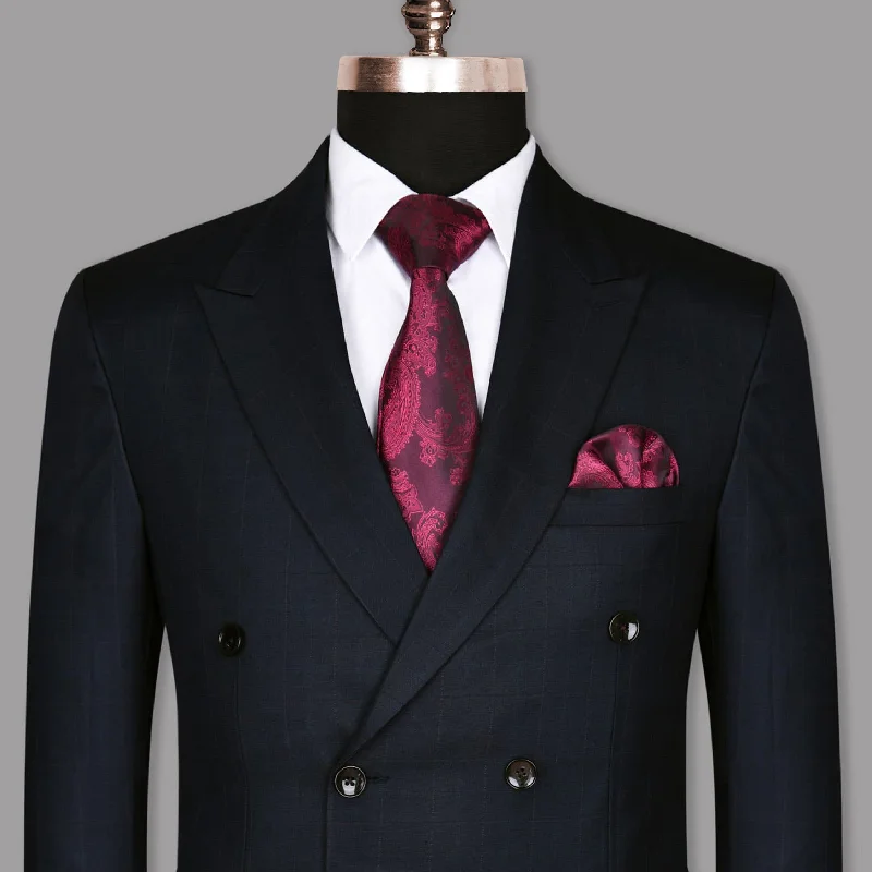 Navy Subtle Windowpane Wool Rich Double Breasted Blazer