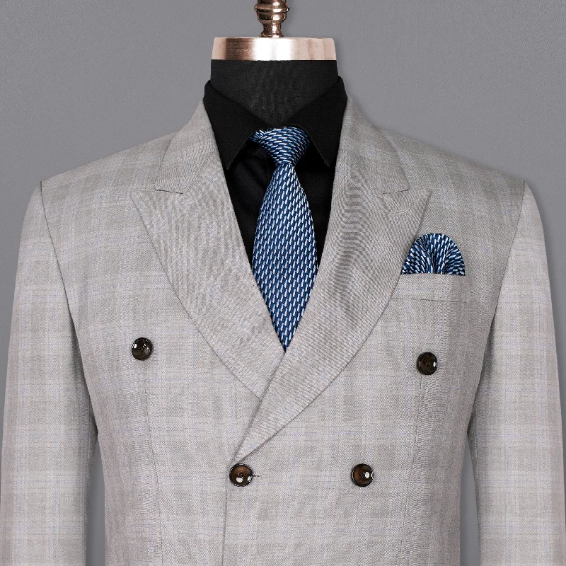 Nobel Grey Subtle Plaid Double-Breasted Wool Rich Blazer