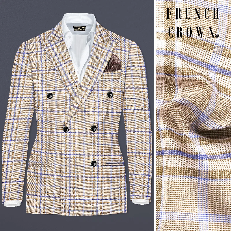 Orchid Cream And Wild Blue Plaid Wool Rich Double Breasted Blazer