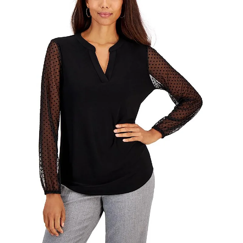 Petites Womens Flocked Mesh Sleeve Blouse