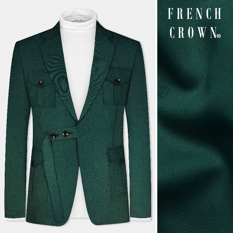 Phthalo Green Solid Cotton Belt Closure Designer Blazer