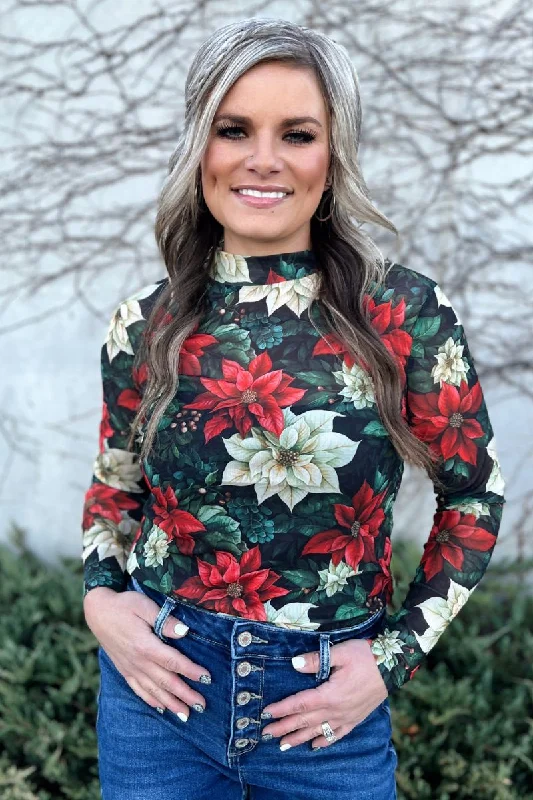 Poinsettia Long Sleeve Mesh Top