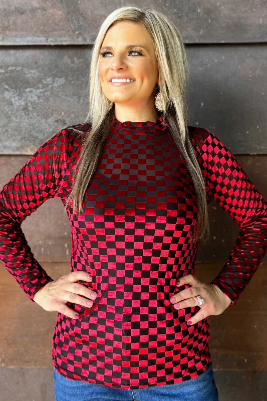 Red & Black Velvet Checkered Mesh Top