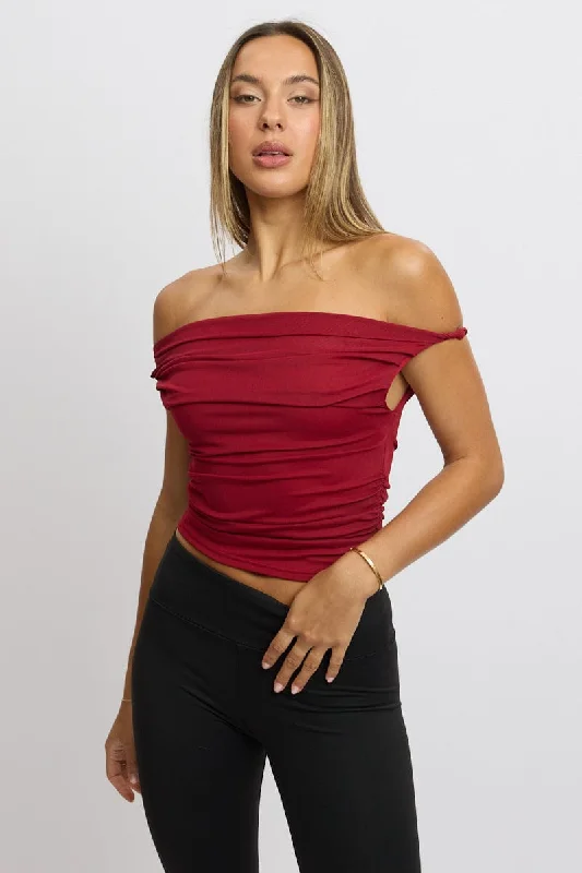 Red Off Shoulder Top Mesh