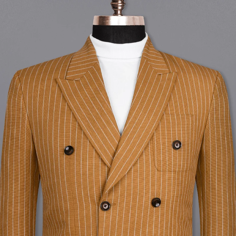 Rust Striped Double-Breasted Wool Rich Blazer