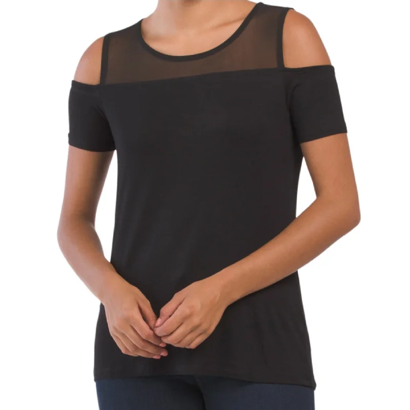 TAHARI Women's Short Sleeve Cold Shoulder Mesh Yoke Top