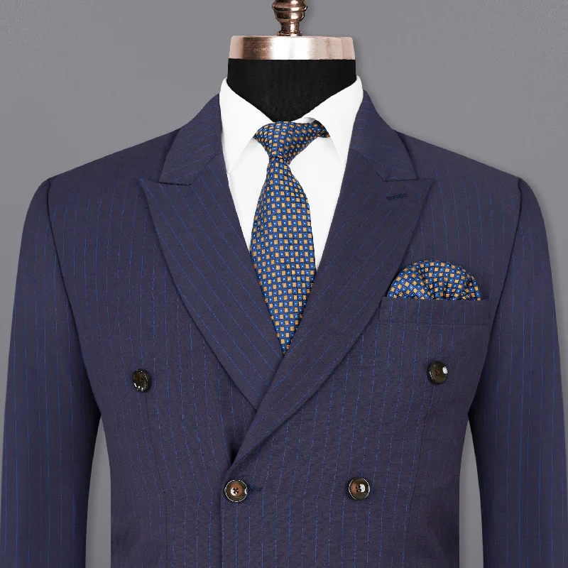 Tuna Blue Striped Double-Breasted Wool Rich Blazer