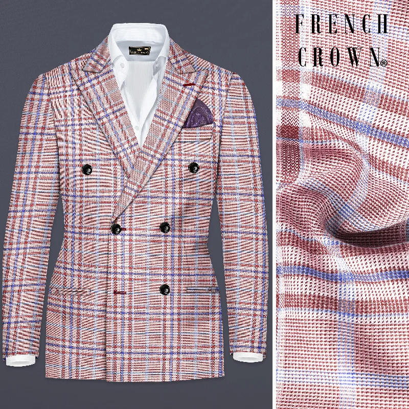 Turkish Rose Pink And Wild Blue Plaid Wool Rich Double Breasted Blazer