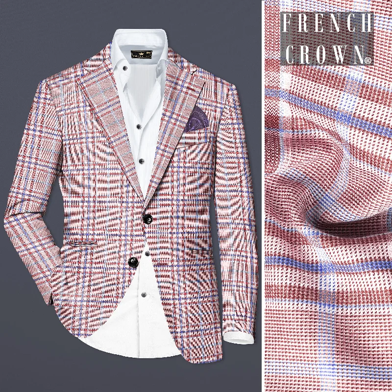 Turkish Rose Pink And Wild Blue Plaid Wool Rich Single Breasted Blazer