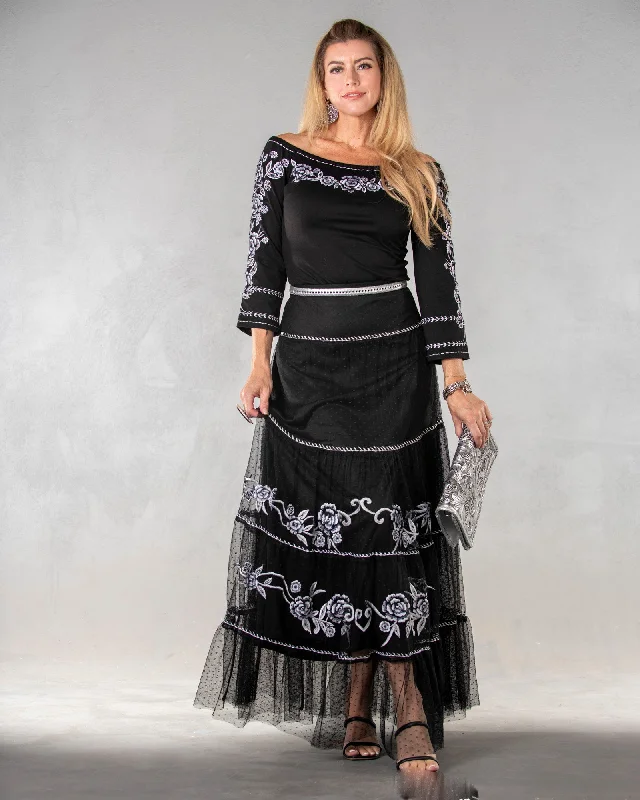 Women's Black Mesh Embroidered Maxi Skirt