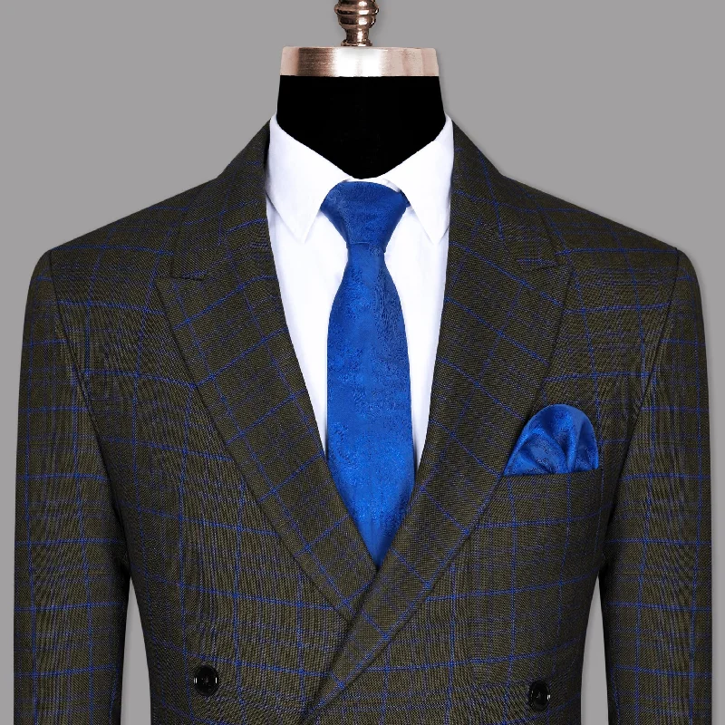 Wood Brown with Royal Blue windowpane Wool Double Breasted Tweed Blazer