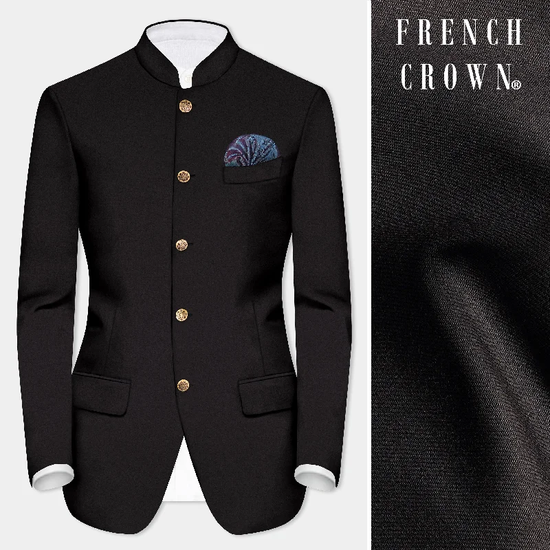 Zeus Black Solid Wool Rich Bandhgala Blazer